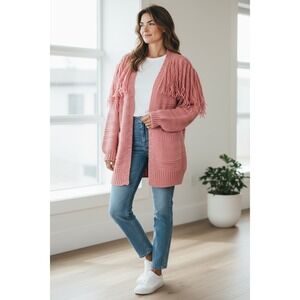 NWT JODIFL Los Angeles Pink Fringe Knit Cardigan Sweater Women, Size Large‎